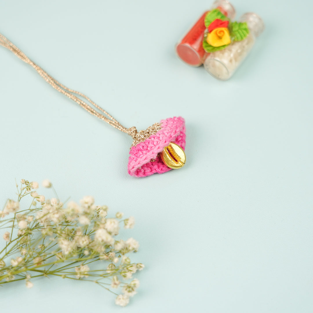 Handmade Crochet Cowry Beaded Floral Bhaiya Bhabhi Rakhi With Roli Chawal Set Of 2 - Close-up of Pink Pendant Detail