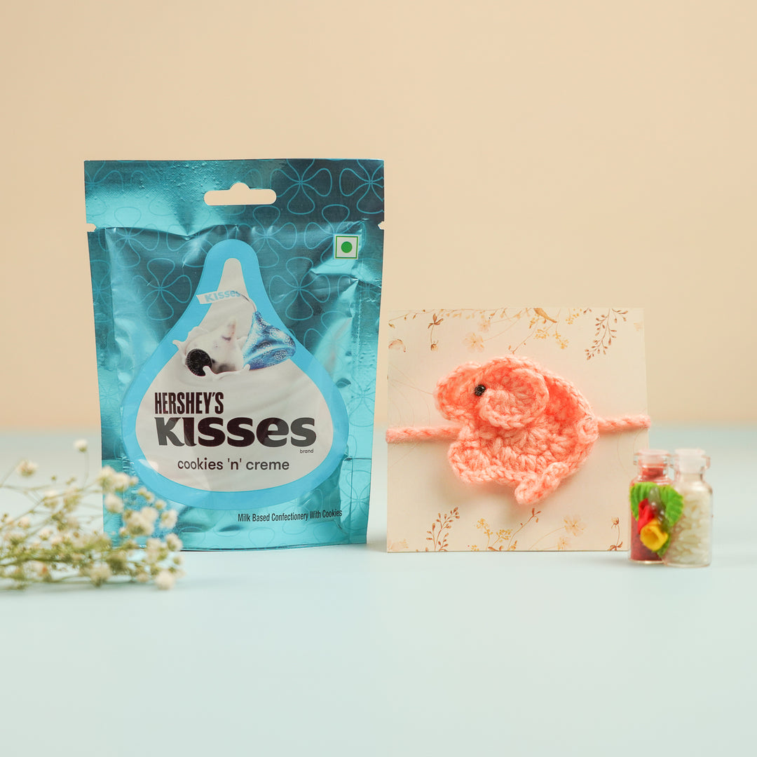 Handmade Crochet Elephant Theme Kids Rakhi With Roli Chawal - Product with Packaging and Props (9)