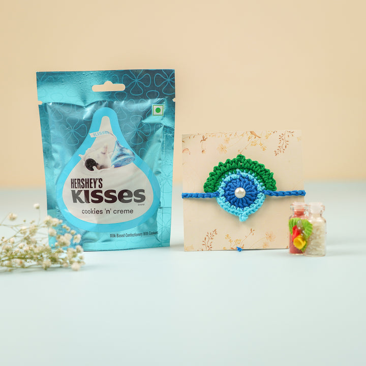 Handmade Crochet Peacock Feather Theme Rakhi With Roli Chawal - Packaged with Gift Card and Candy