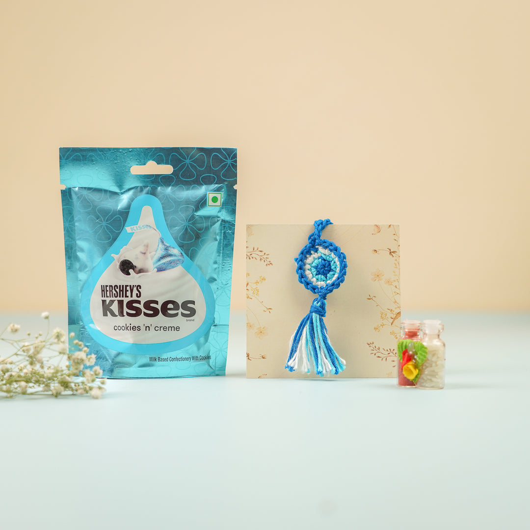 Handmade Crochet Evil Eye Lumba Rakhi For Bhabhi With Roli Chawal - Woven tassel with packaging comparison