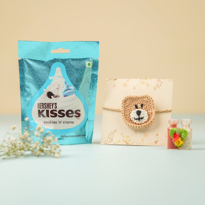 Handmade Crochet Bear Kids Rakhi With Roli Chawal - Styled with Hershey's Kisses Packaging