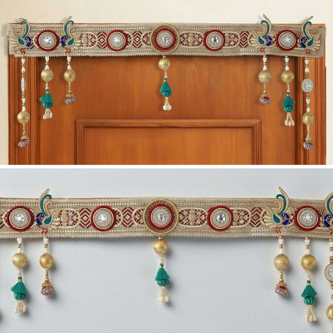 Handmade Beaded Red Peacock Design Jute Toran
