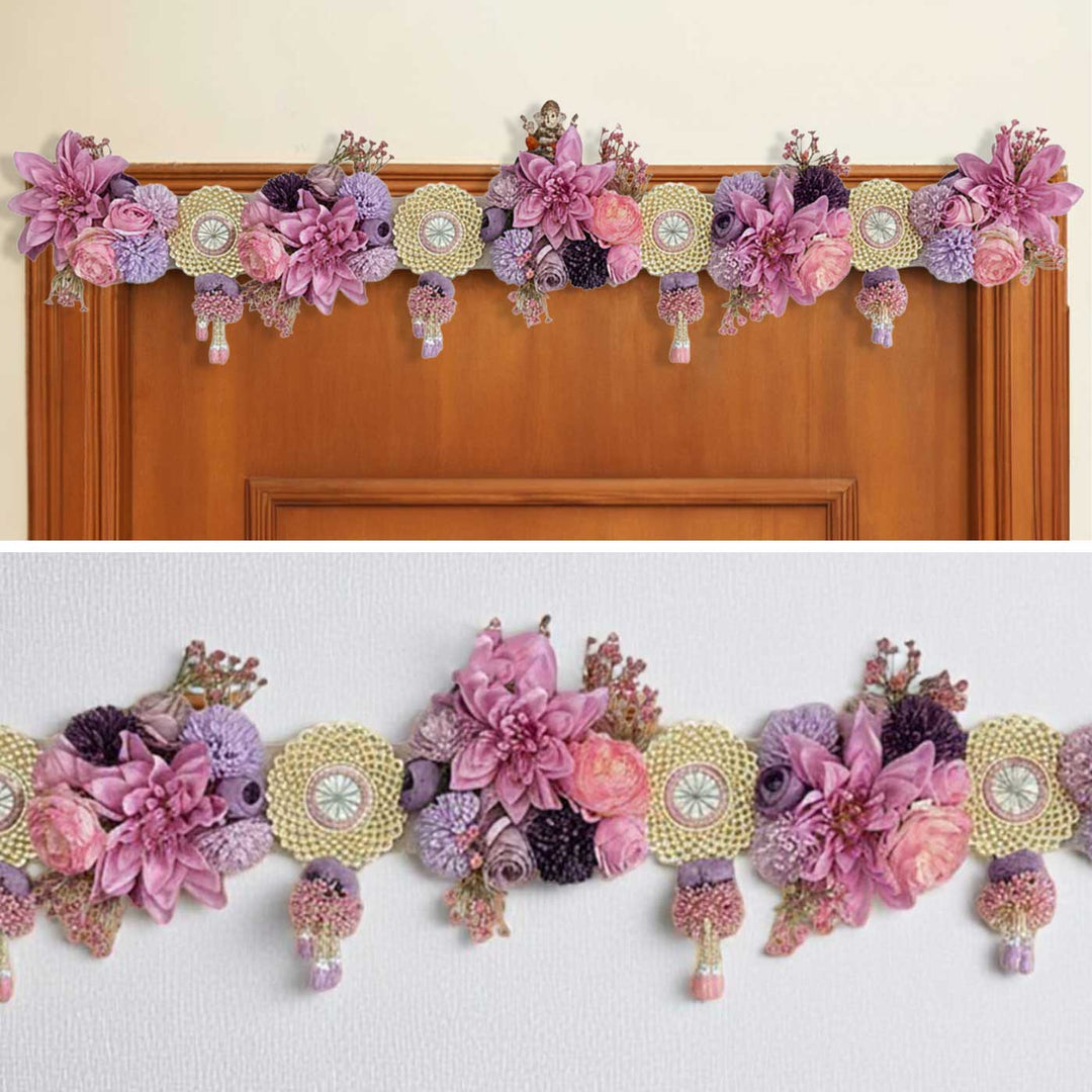 Handmade Beaded Violet Floral Design Jute Toran