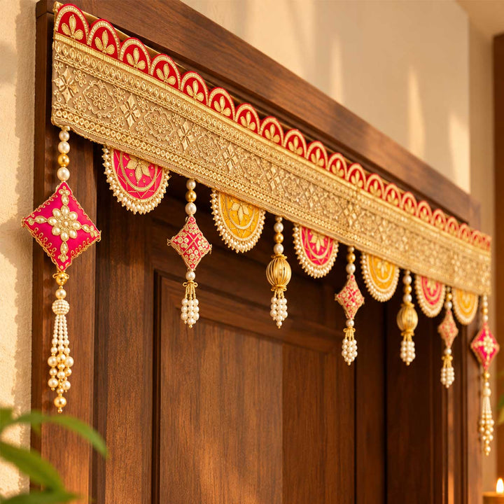 38 / 44 In | Handmade Pink & Yellow Gotapatti Toran For Festive Decor