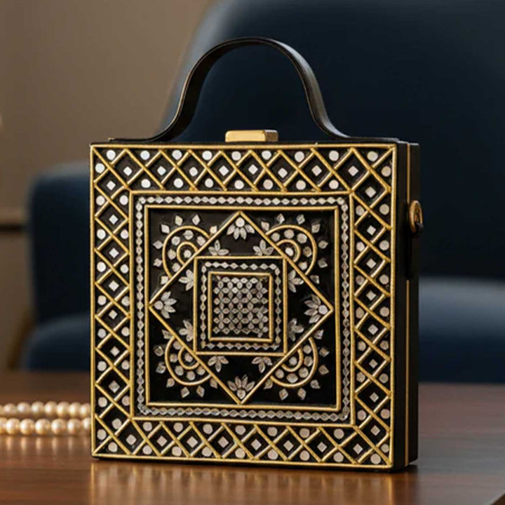 Handcrafted Geometric Black & Gold Lippan Art Box Bag