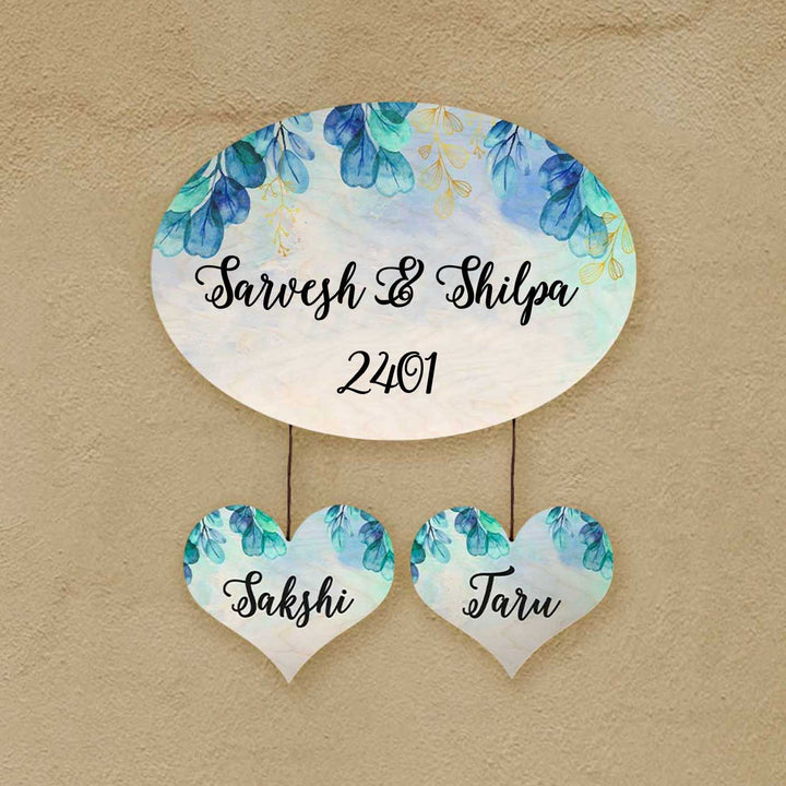 Personalized Printed Spring Blue Floral Wooden Oval Nameplate