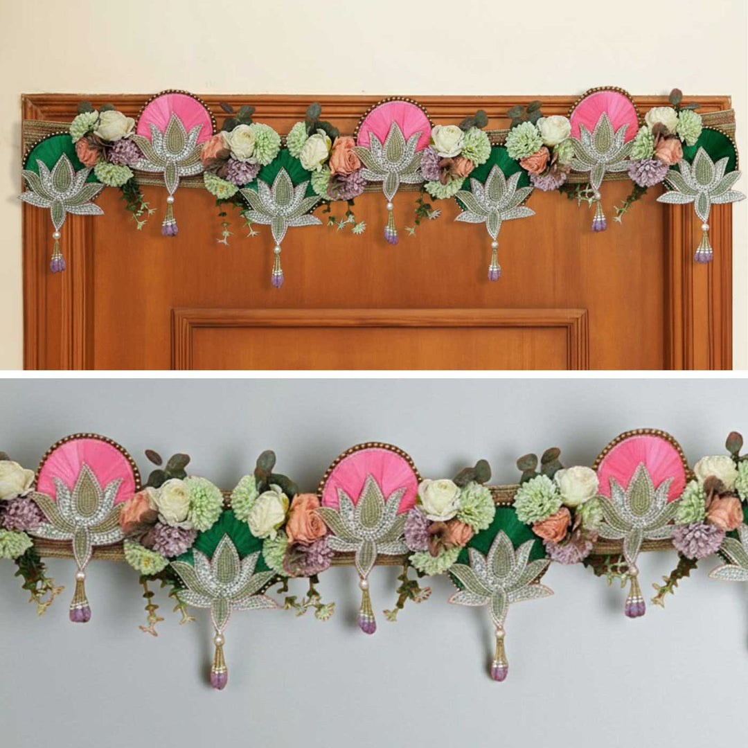 Handmade Beaded Pastel Lotus Design Jute Toran