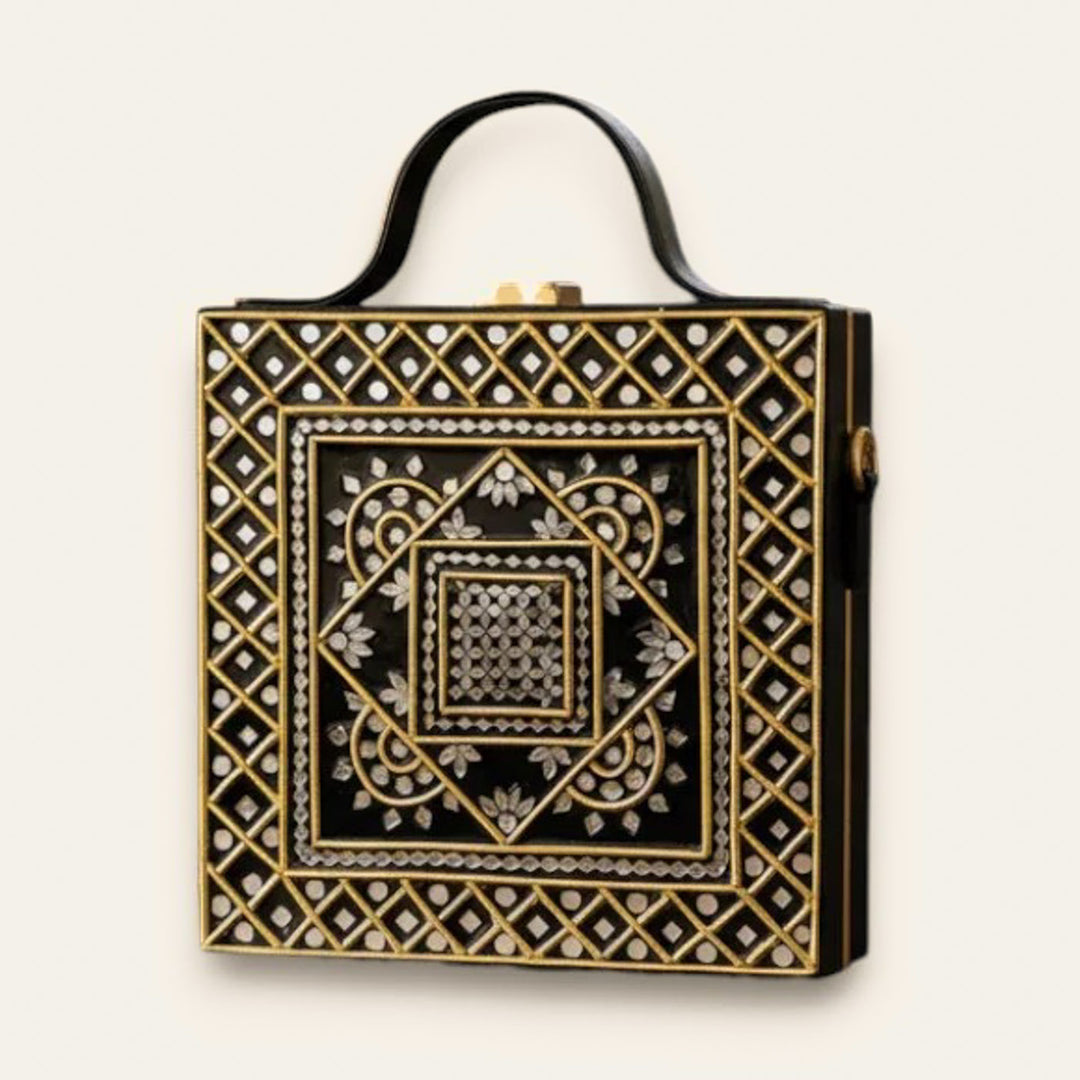 Handcrafted Geometric Black & Gold Lippan Art Box Bag