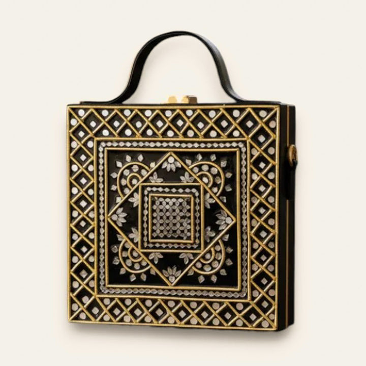 Handcrafted Geometric Black & Gold Lippan Art Box Bag