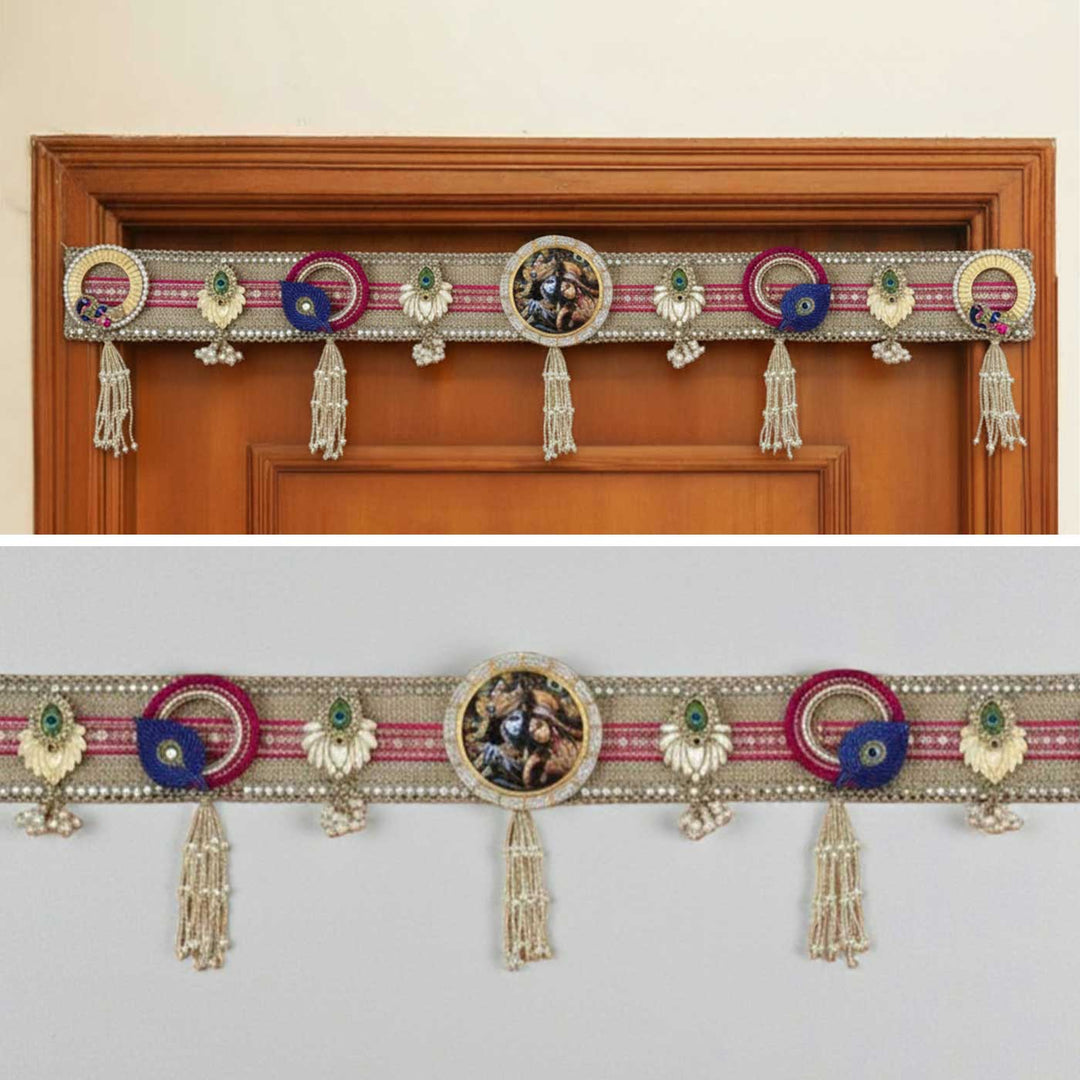 Handmade Mirror Work Radha Krishna Design Jute Toran