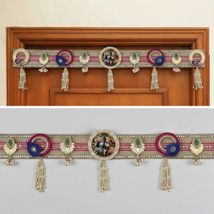 Handmade Mirror Work Radha Krishna Design Jute Toran