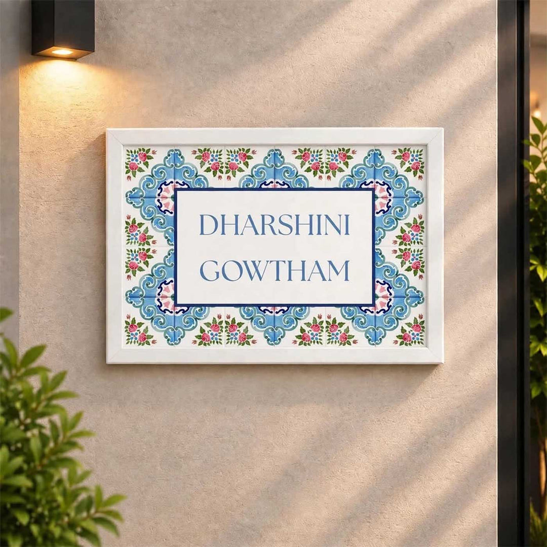Floral Blue Vintage Personalized Resin & Teak Wood Frame Name Plate For Home