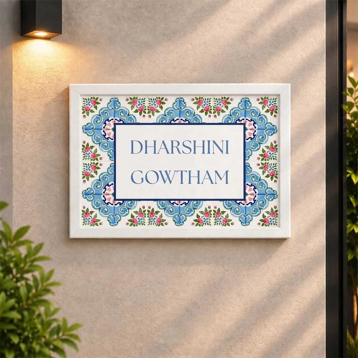 Floral Blue Vintage Personalized Resin & Teak Wood Frame Name Plate For Home
