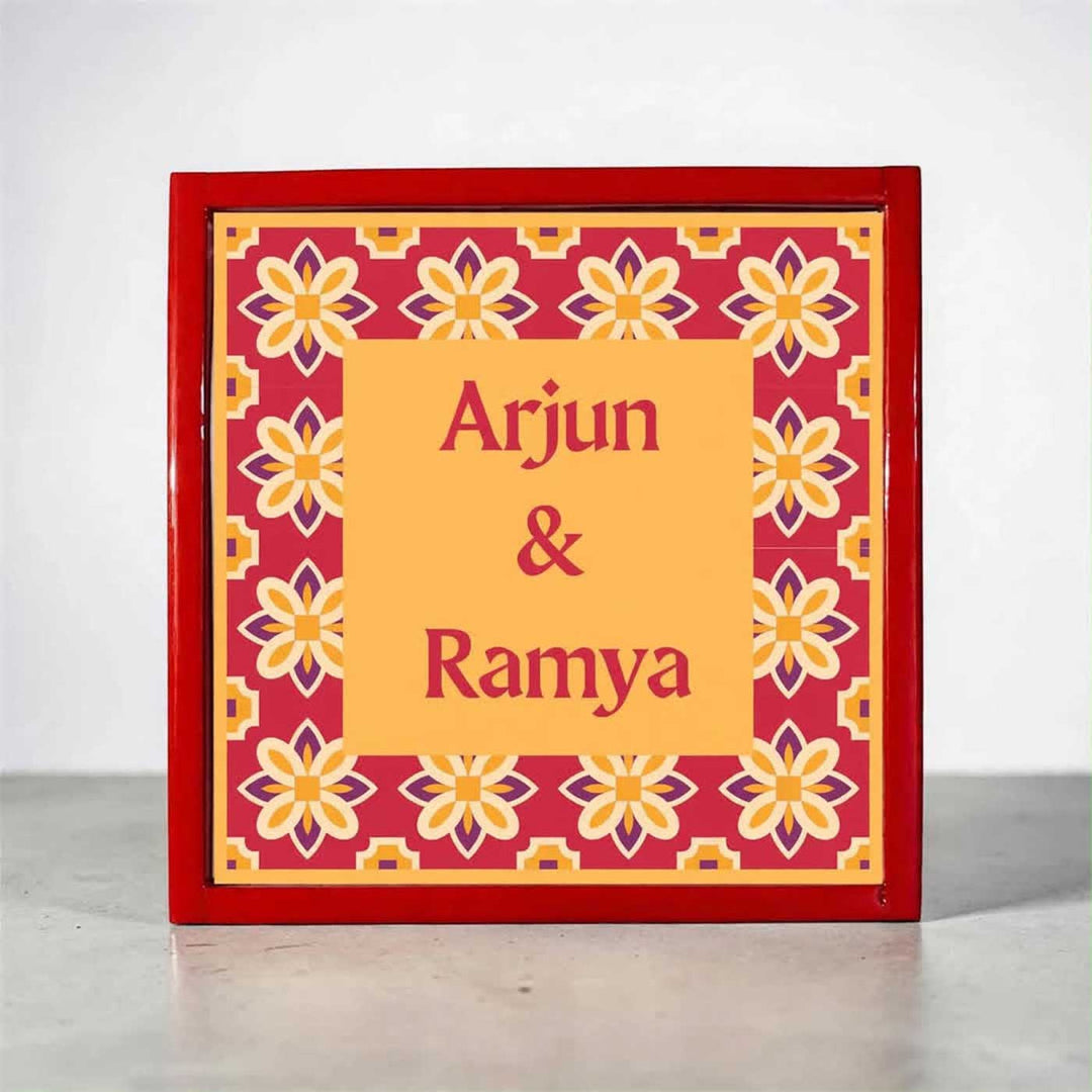 Oxidised Red Tile Vintage Personalized Square Resin & Teak Wood Frame Name Plate For Home