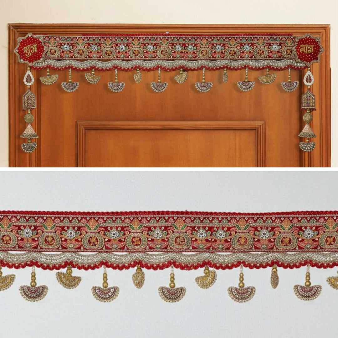 Handmade Embroidered Red Gamphi Jute Toran