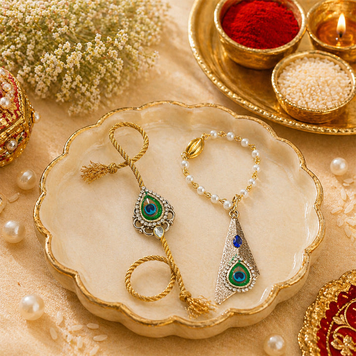 Sapphire Peacock Pearl Lumba Bracelet Rakhi Set With Roli Chawal For Bhaiya And Bhabhi