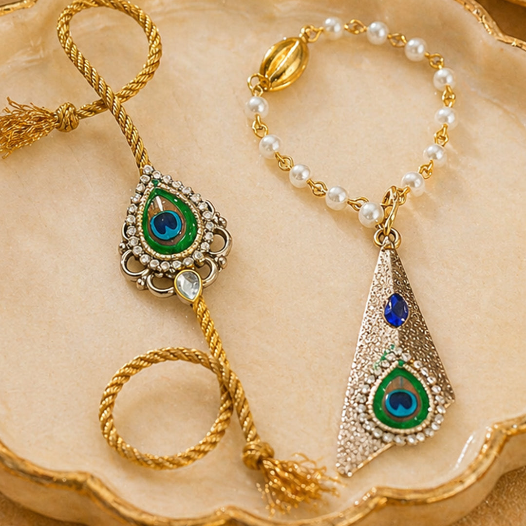 Sapphire Peacock Pearl Lumba Bracelet Rakhi Set With Roli Chawal For Bhaiya And Bhabhi