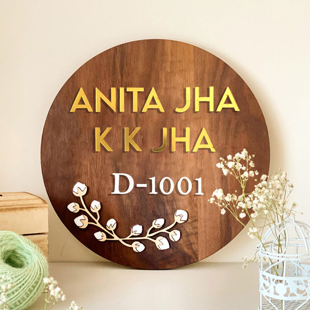 Personalised Wooden Round Floral Nameplate