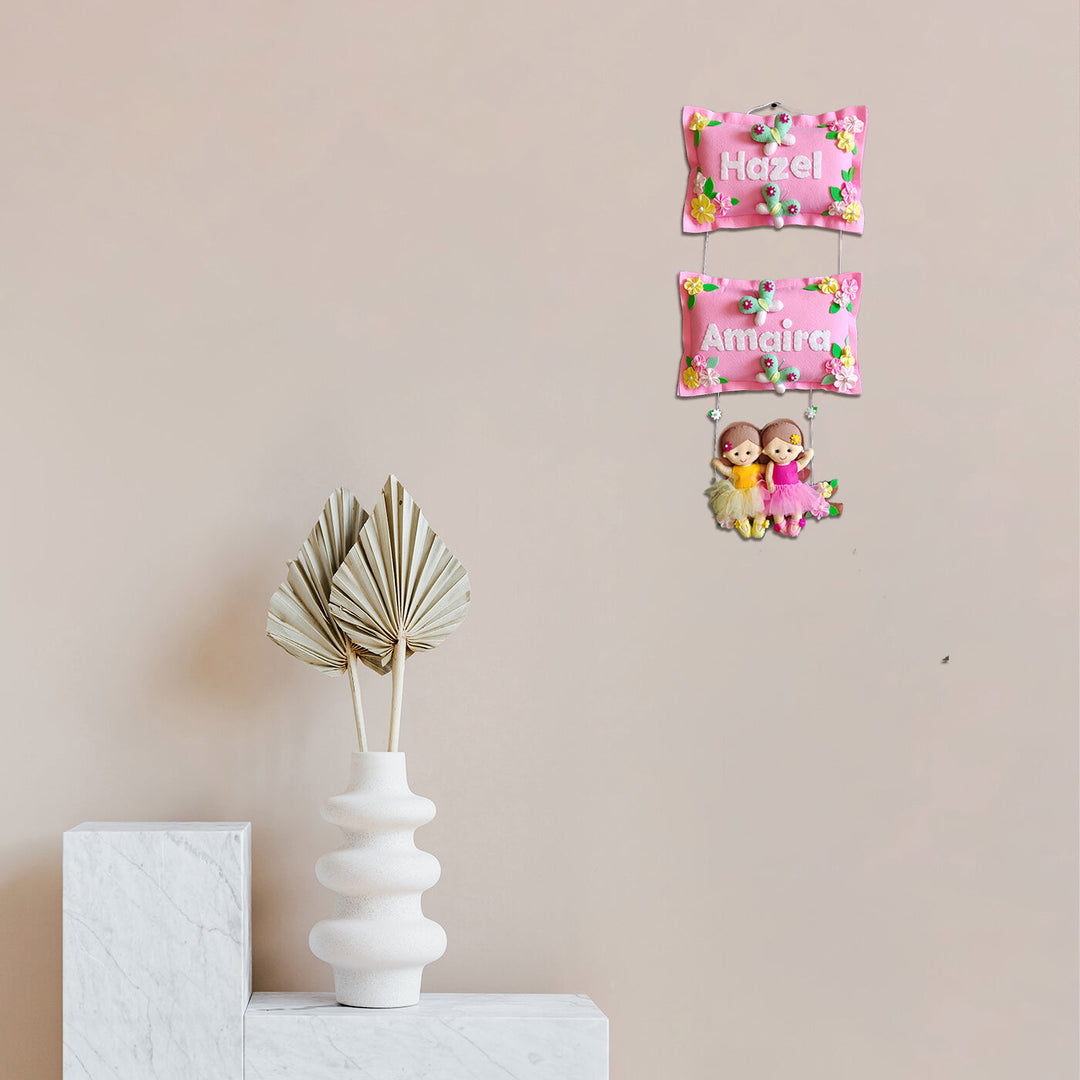 Hand-stitched Pillow & Swing Theme Felt Kids Name Plate for Siblings