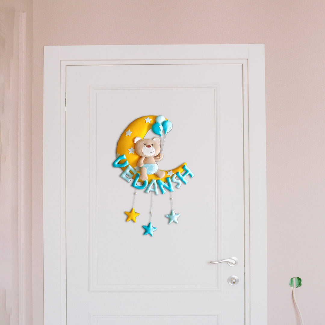 Hand-stitched Teddy Themed Felt Moon Nameplate For Kids