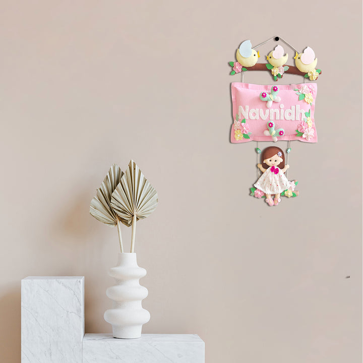 Hand-stitched Pillow & Bird Themed Felt Kids Nameplate with Swing