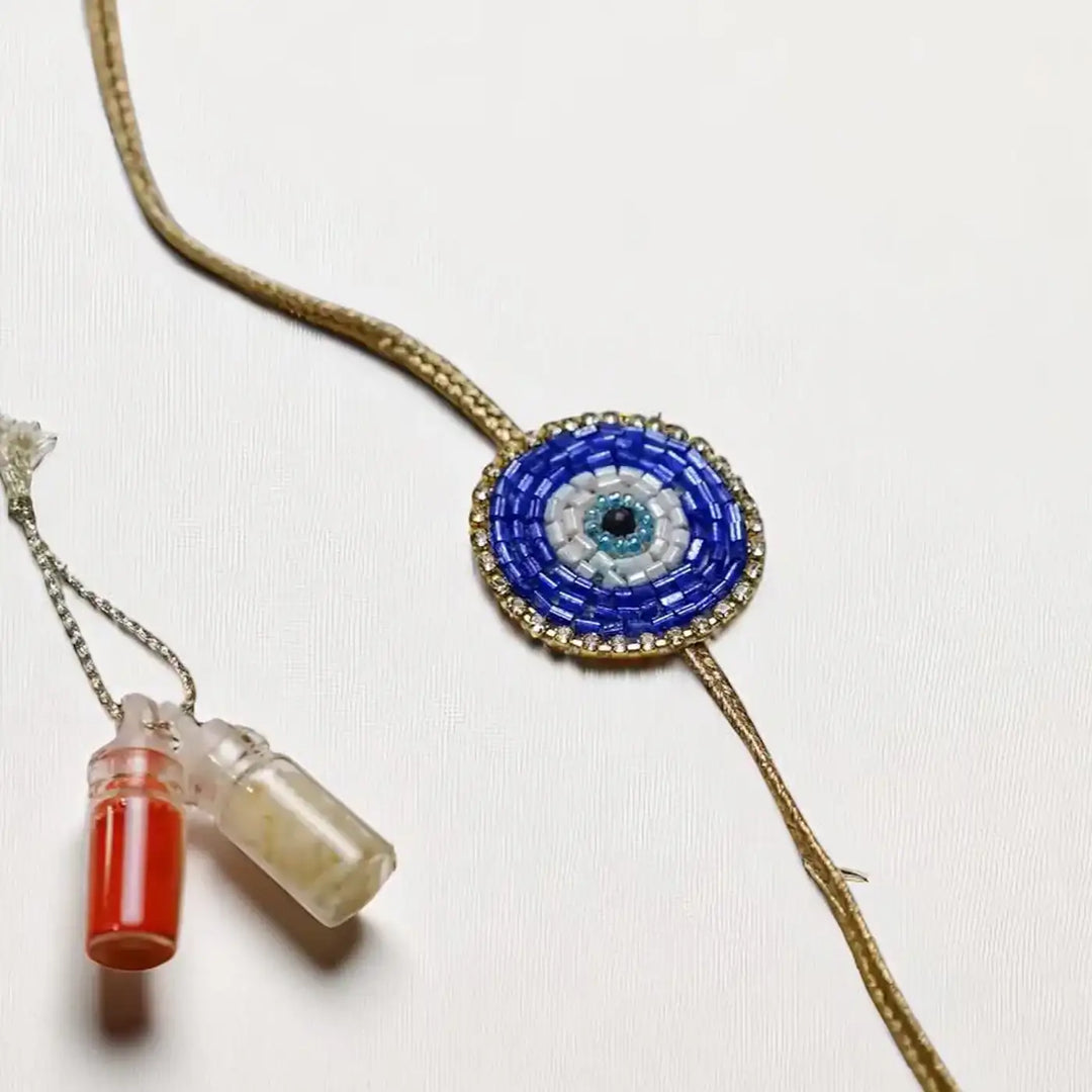 Handmade Beaded Evil Eye Rakhi With Roli Chawal