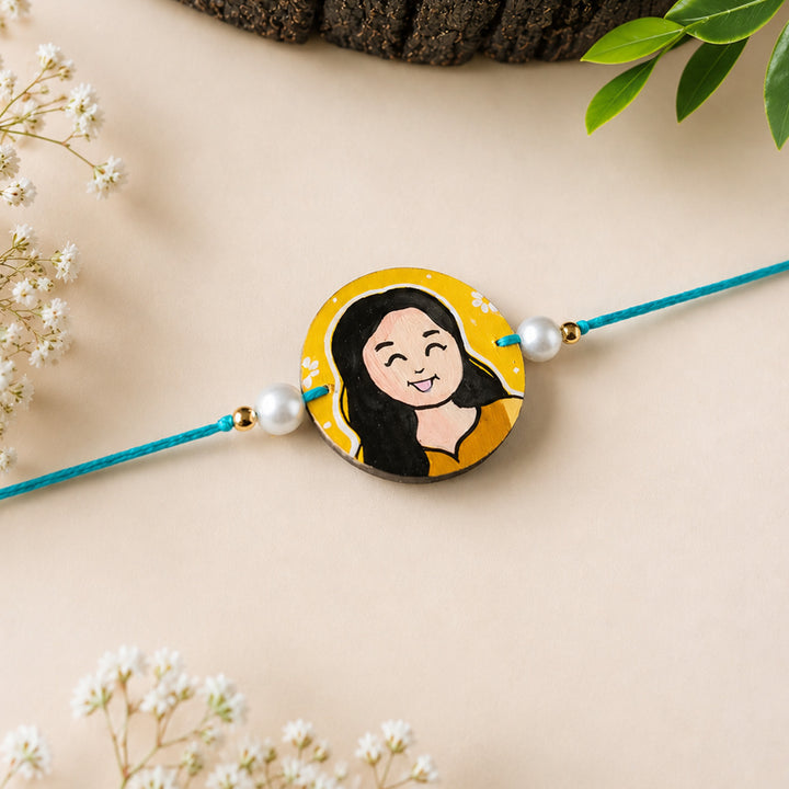 Photo Personalized Handpainted Reusable Caricature Mdf Wood Rakhi With Roli Chawal For Sister