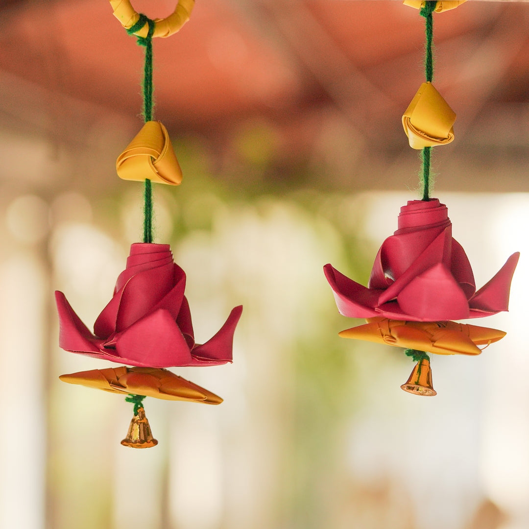 Handmade Palm Leaf Diwali Decor Lotus Hangings | Set Of 4