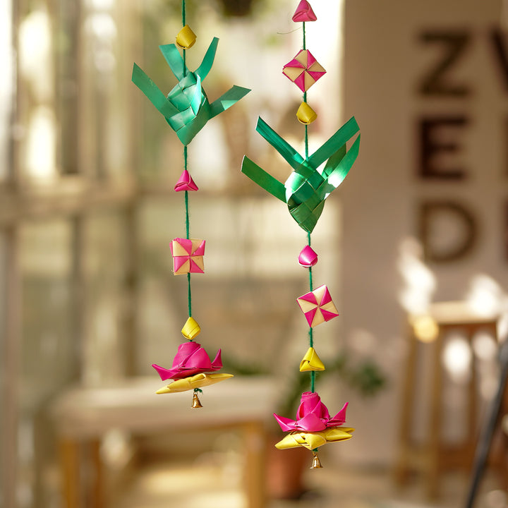 Handmade Decorative Fish & Lotus Palm Leaf Hangings | Set Of 2