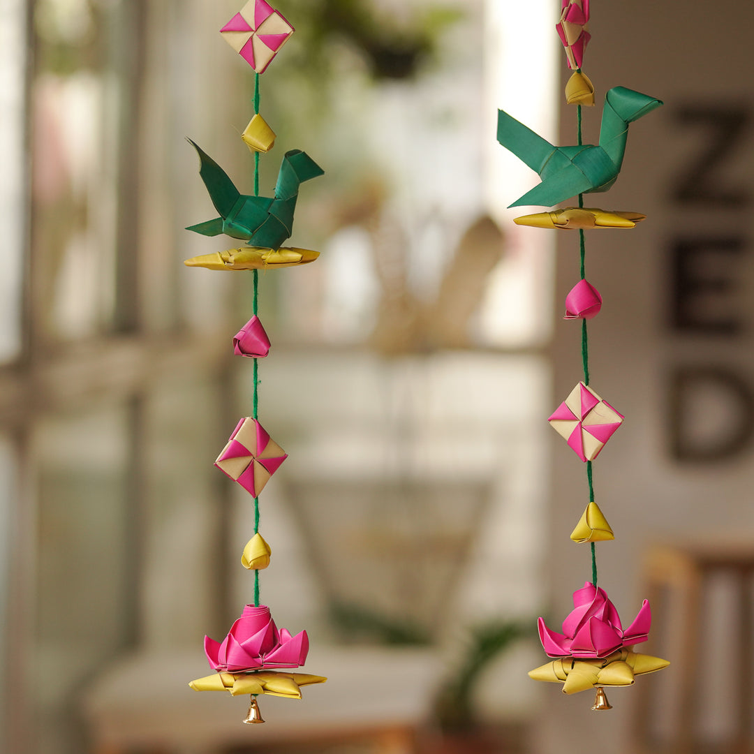 Handmade Palm Leaf Parrot & Lotus Hangings | Set Of 2