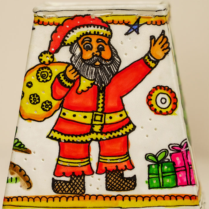 White Christmas Motifs Hand Painted Tholu Bommalata Tabletop Lamp | 6 inches