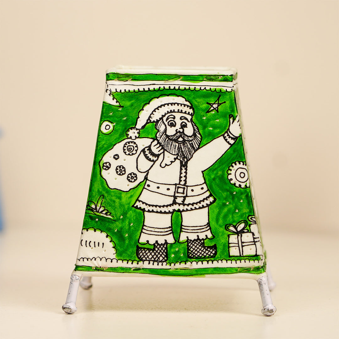 Green Christmas Motifs Hand Painted Tholu Bommalata Tabletop Lamp | 6 inches