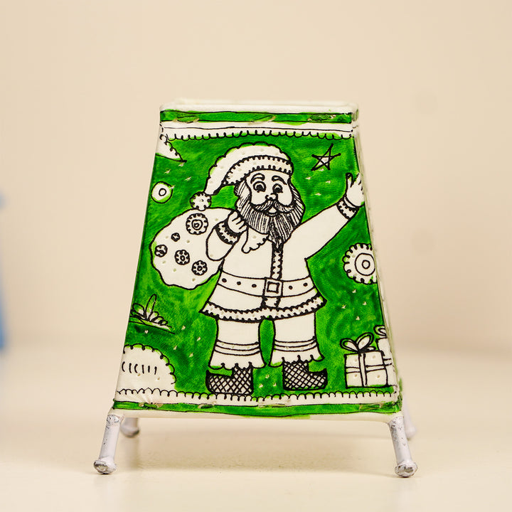 Green Christmas Motifs Hand Painted Tholu Bommalata Tabletop Lamp | 6 inches