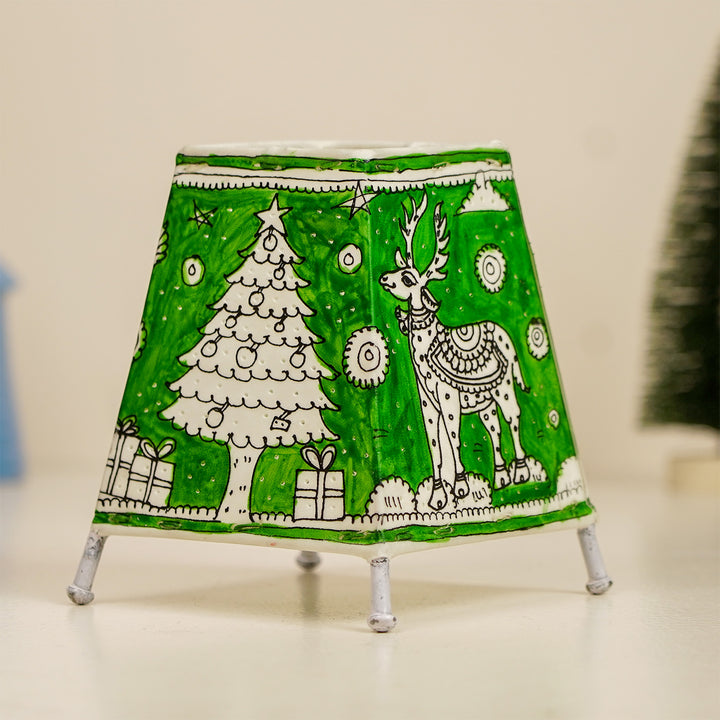 Green Christmas Motifs Hand Painted Tholu Bommalata Tabletop Lamp | 6 inches