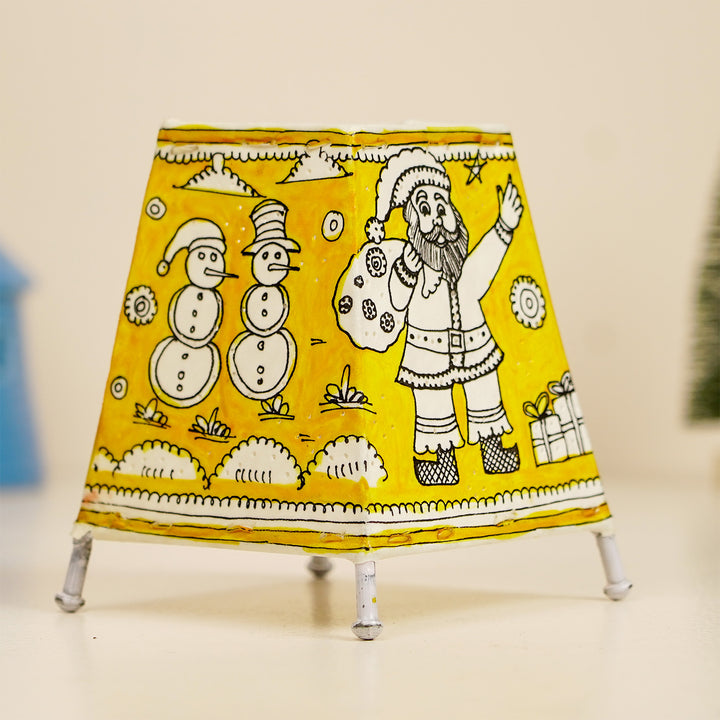 Yellow Christmas Motifs Hand Painted Tholu Bommalata Tabletop Lamp | 6 inches