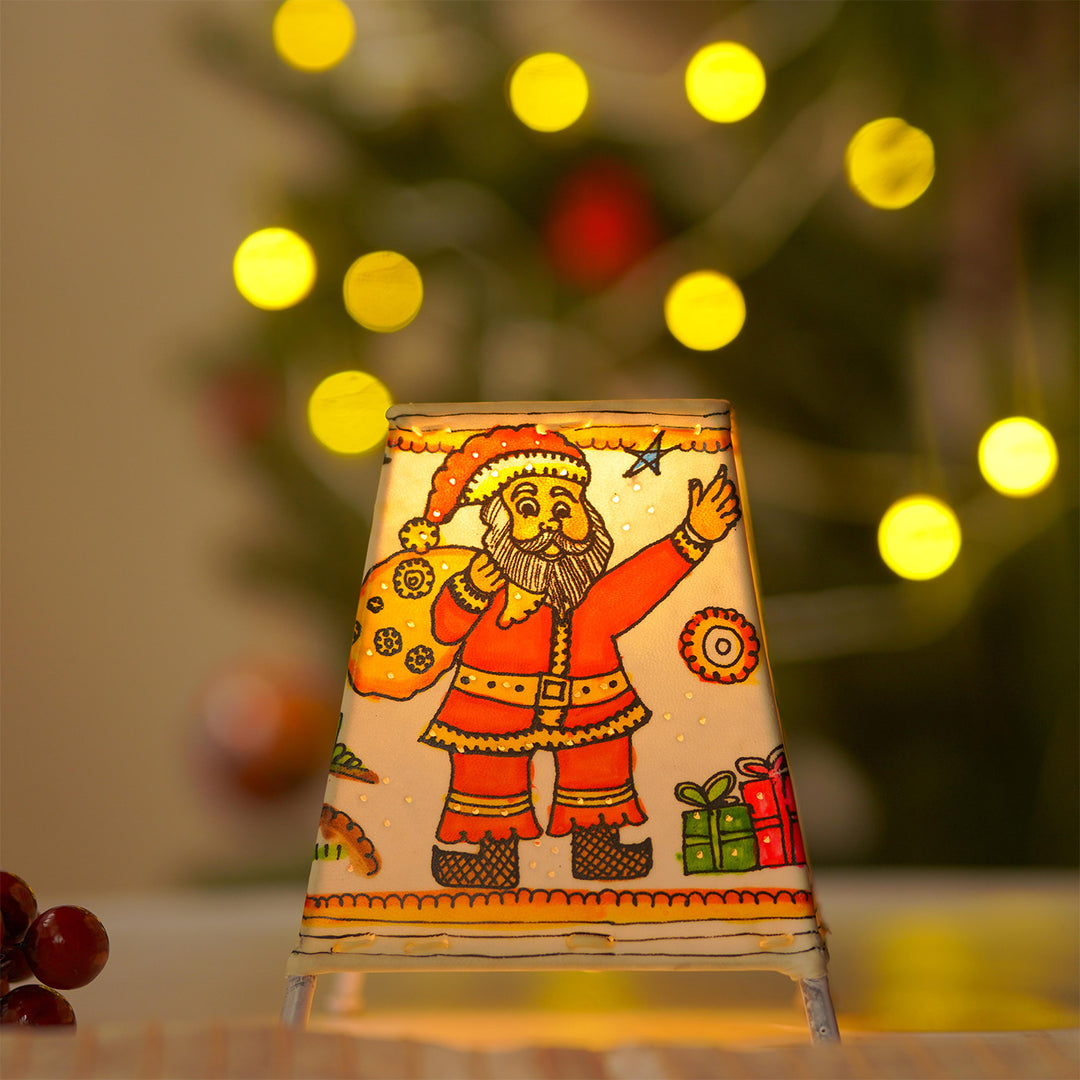 White Christmas Motifs Hand Painted Tholu Bommalata Tabletop Lamp | 6 inches