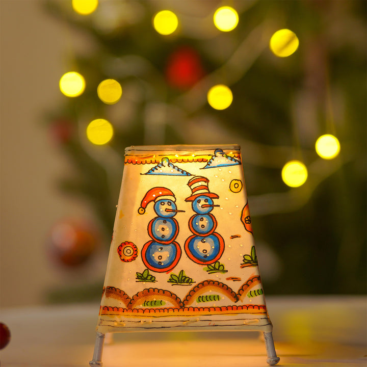 White Christmas Motifs Hand Painted Tholu Bommalata Tabletop Lamp | 6 inches