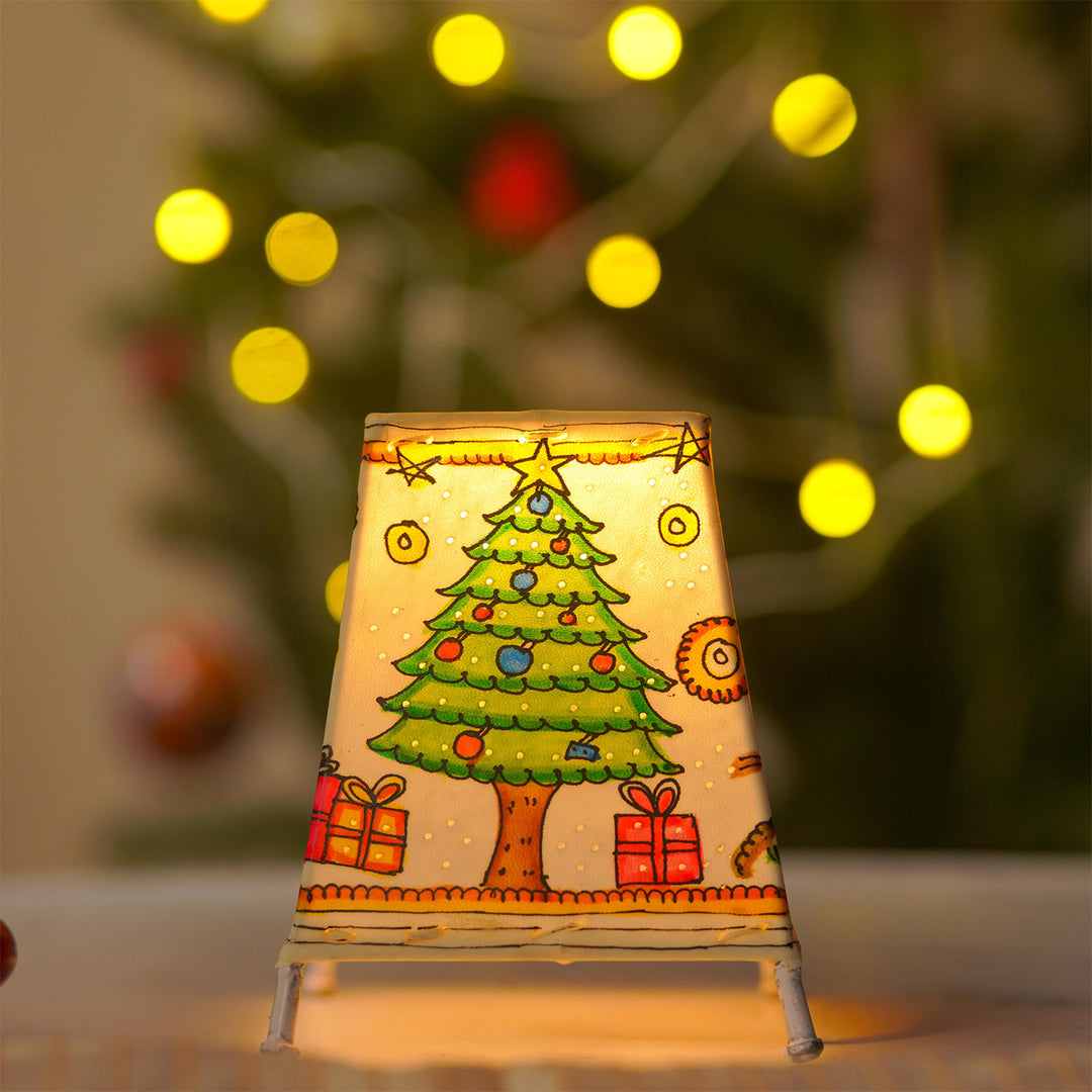 White Christmas Motifs Hand Painted Tholu Bommalata Tabletop Lamp | 6 inches