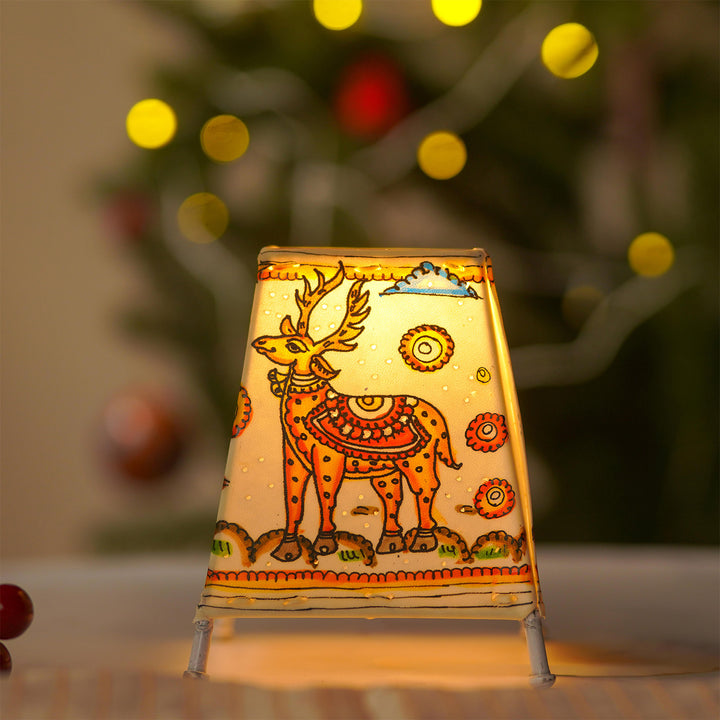 White Christmas Motifs Hand Painted Tholu Bommalata Tabletop Lamp | 6 inches