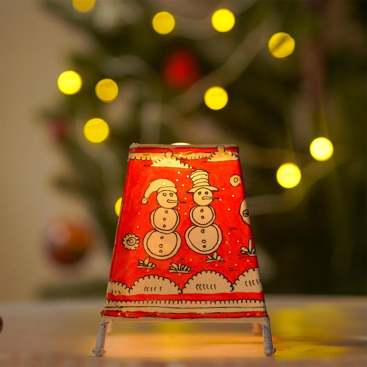 Red Christmas Motifs Hand Painted Tholu Bommalata Tabletop Lamp | 6 inches