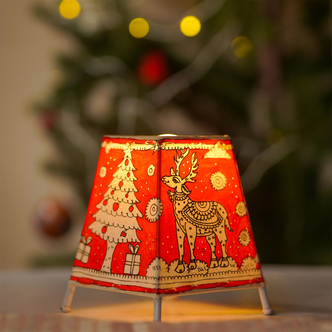 Red Christmas Motifs Hand Painted Tholu Bommalata Tabletop Lamp | 6 inches