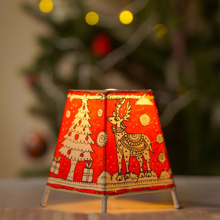 Red Christmas Motifs Hand Painted Tholu Bommalata Tabletop Lamp | 6 inches