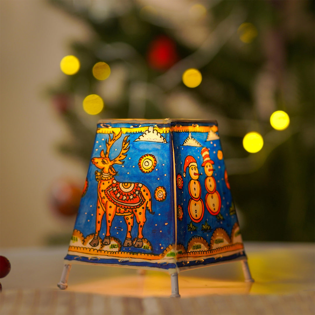 Blue Christmas Motifs Hand Painted Tholu Bommalata Tabletop Lamp | 6 inches