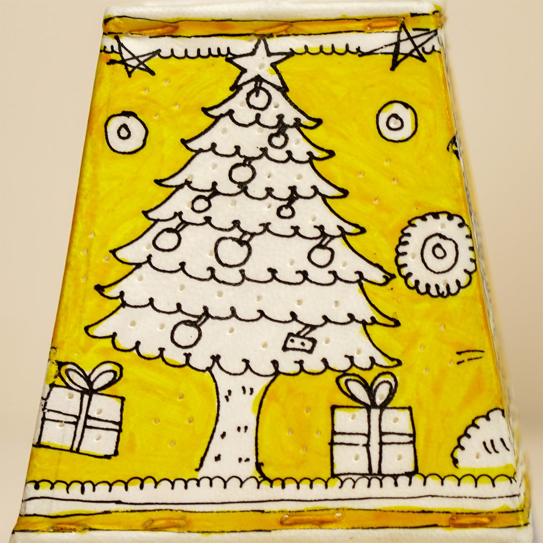 Yellow Christmas Motifs Hand Painted Tholu Bommalata Tabletop Lamp | 6 inches