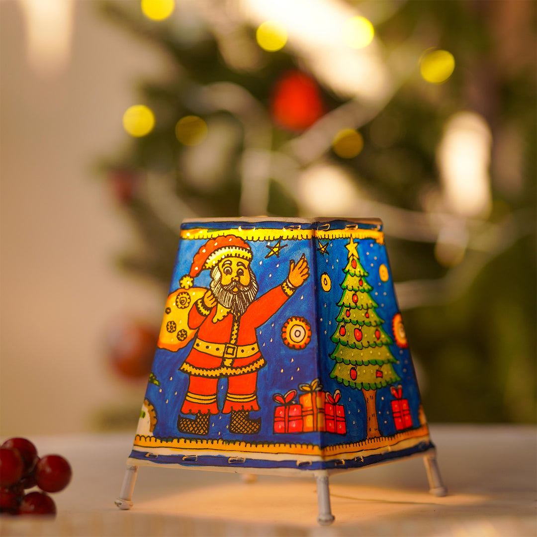 Blue Christmas Motifs Hand Painted Tholu Bommalata Tabletop Lamp | 6 inches