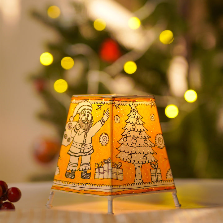 Yellow Christmas Motifs Hand Painted Tholu Bommalata Tabletop Lamp | 6 inches