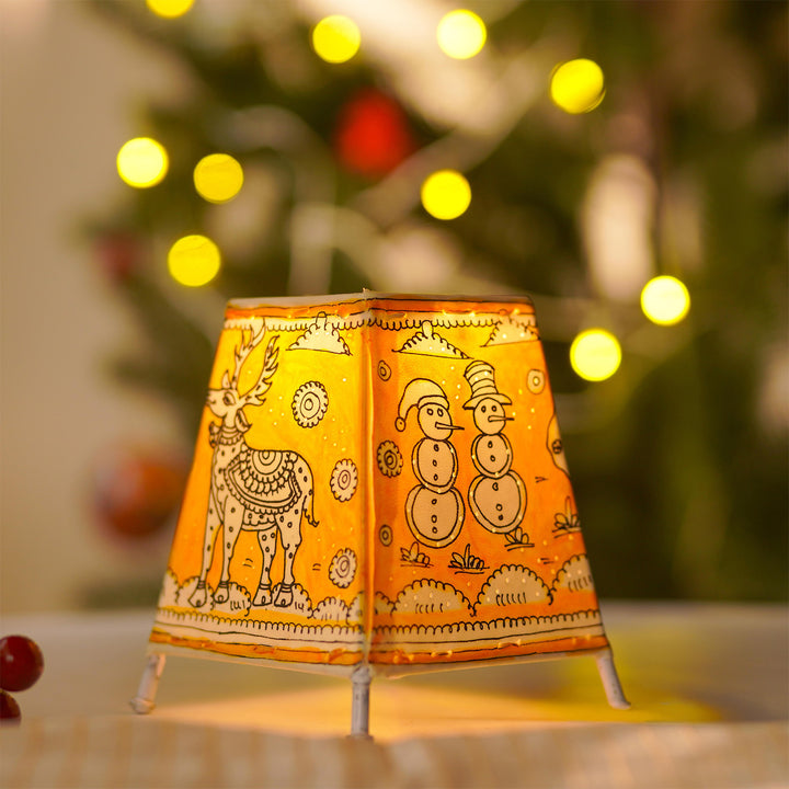 Yellow Christmas Motifs Hand Painted Tholu Bommalata Tabletop Lamp | 6 inches