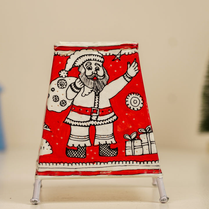 Red Christmas Motifs Hand Painted Tholu Bommalata Tabletop Lamp | 6 inches