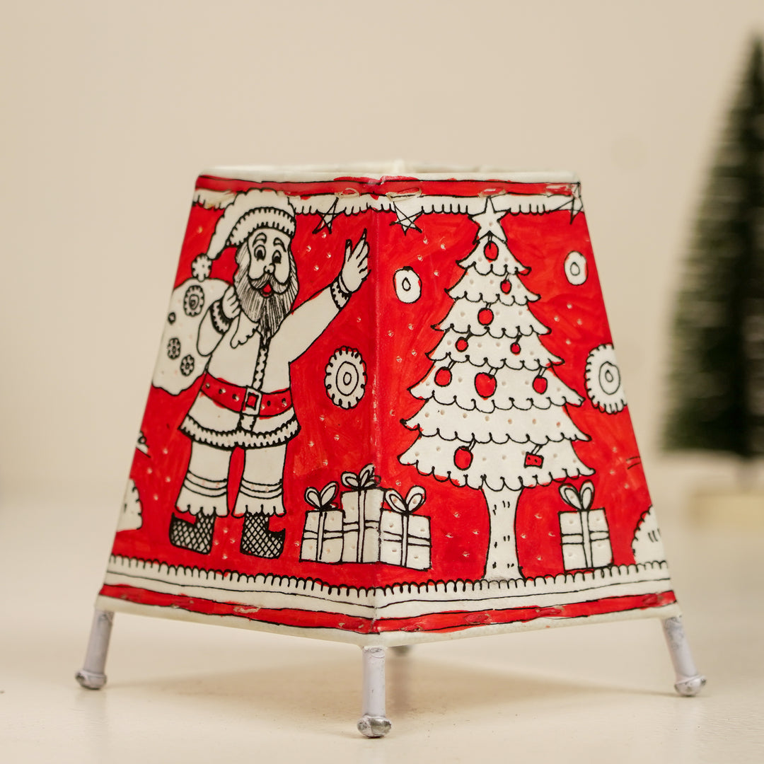 Red Christmas Motifs Hand Painted Tholu Bommalata Tabletop Lamp | 6 inches