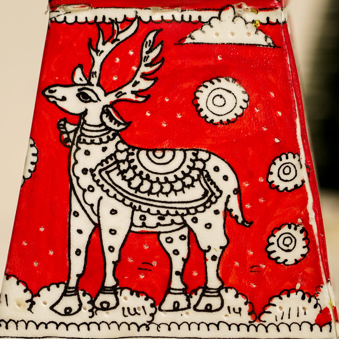 Red Christmas Motifs Hand Painted Tholu Bommalata Tabletop Lamp | 6 inches